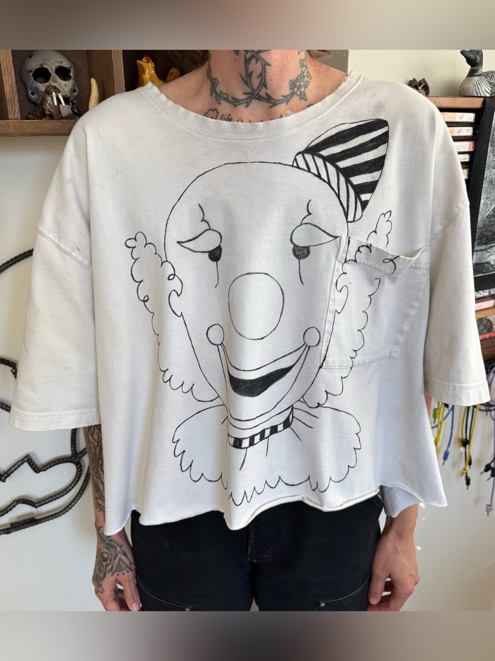 Vintage White Cropped Clown Graphic Tee Hand Drawn Streetwear ~ Size 4XL